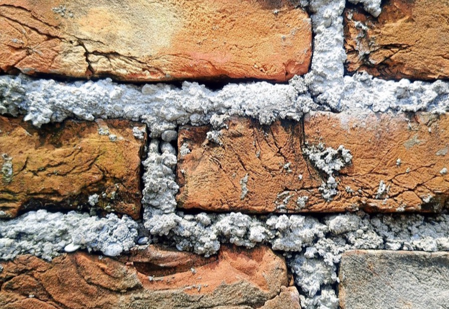 Spalled brick faces flaked off by Erie freeze-thaw on a house wall